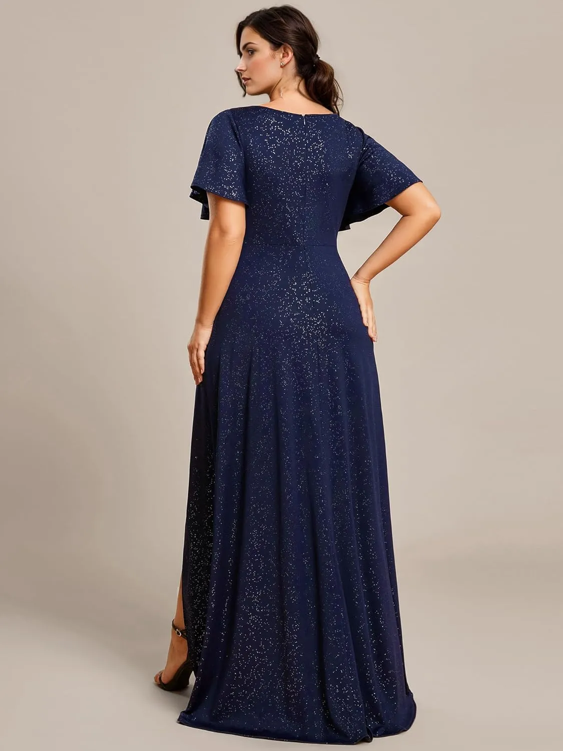Ever-Pretty Women's Glitter Stretchy V Neck A-line High Low Plus Size Formal Dresses with Ruffles Sleeves 01738-PH