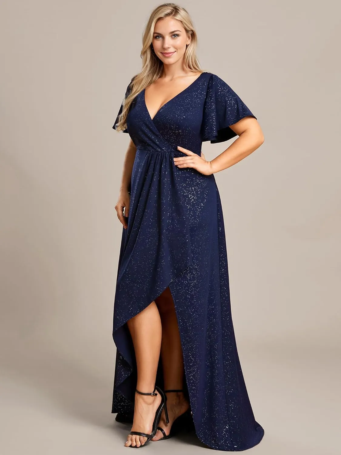 Ever-Pretty Women's Glitter Stretchy V Neck A-line High Low Plus Size Formal Dresses with Ruffles Sleeves 01738-PH
