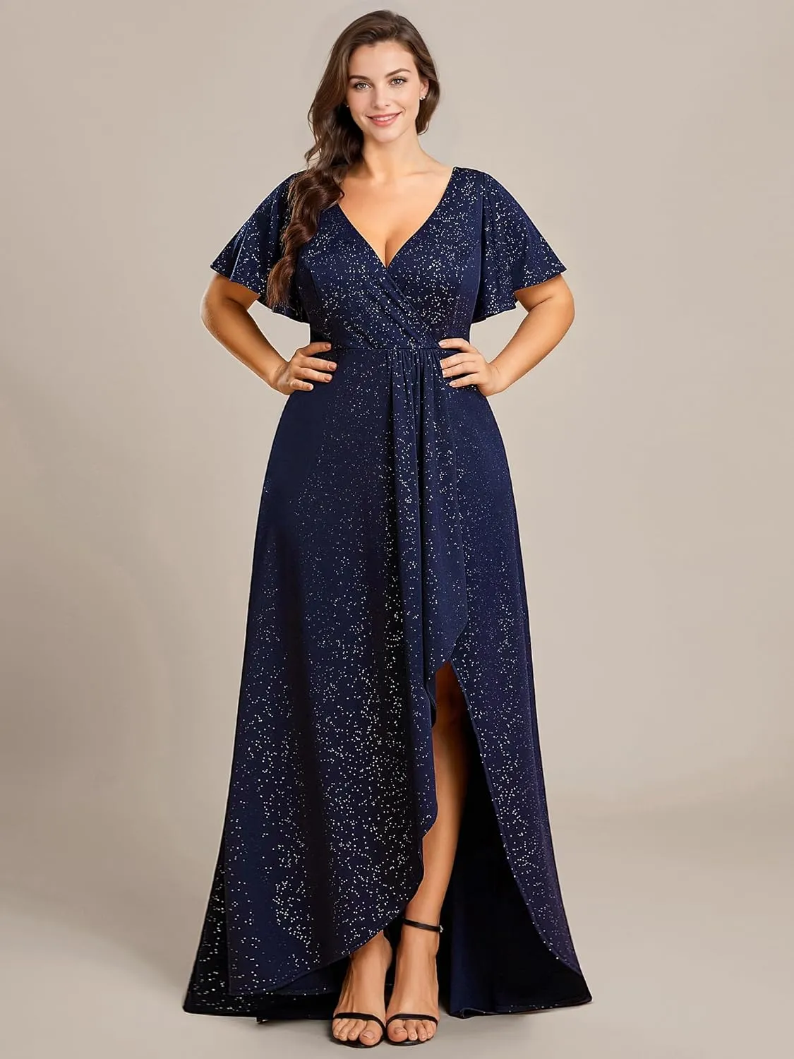 Ever-Pretty Women's Glitter Stretchy V Neck A-line High Low Plus Size Formal Dresses with Ruffles Sleeves 01738-PH