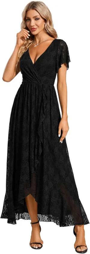 Ever-Pretty Women's Lace V Neck Ruffles Sleeves Pleated Empire Waist A-Line Maxi Formal Dresses 01489
