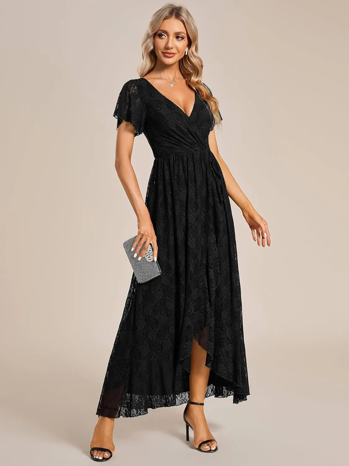 Ever-Pretty Women's Lace V Neck Ruffles Sleeves Pleated Empire Waist A-Line Maxi Formal Dresses 01489