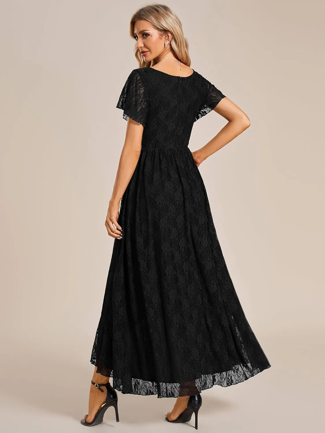 Ever-Pretty Women's Lace V Neck Ruffles Sleeves Pleated Empire Waist A-Line Maxi Formal Dresses 01489