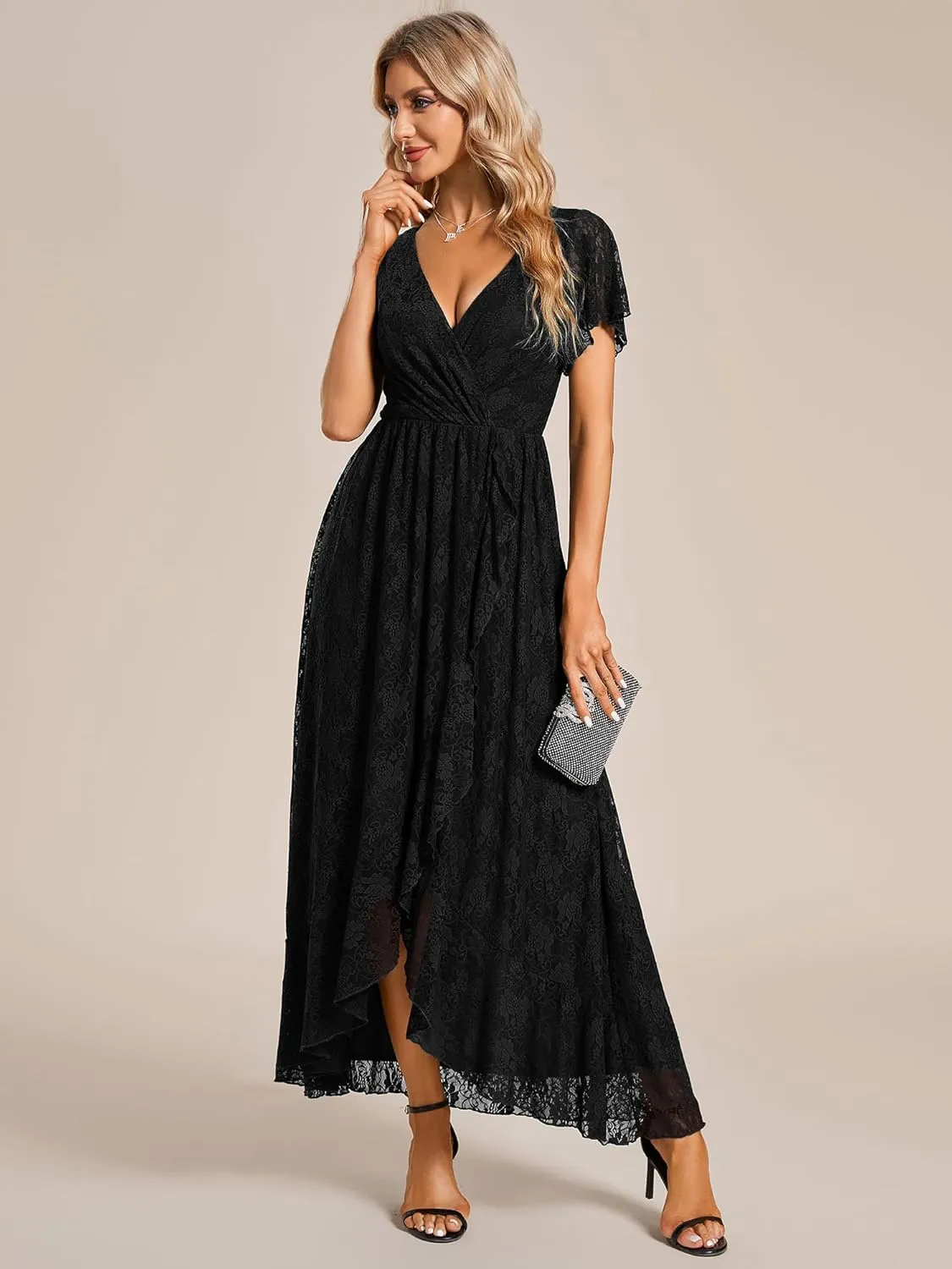 Ever-Pretty Women's Lace V Neck Ruffles Sleeves Pleated Empire Waist A-Line Maxi Formal Dresses 01489