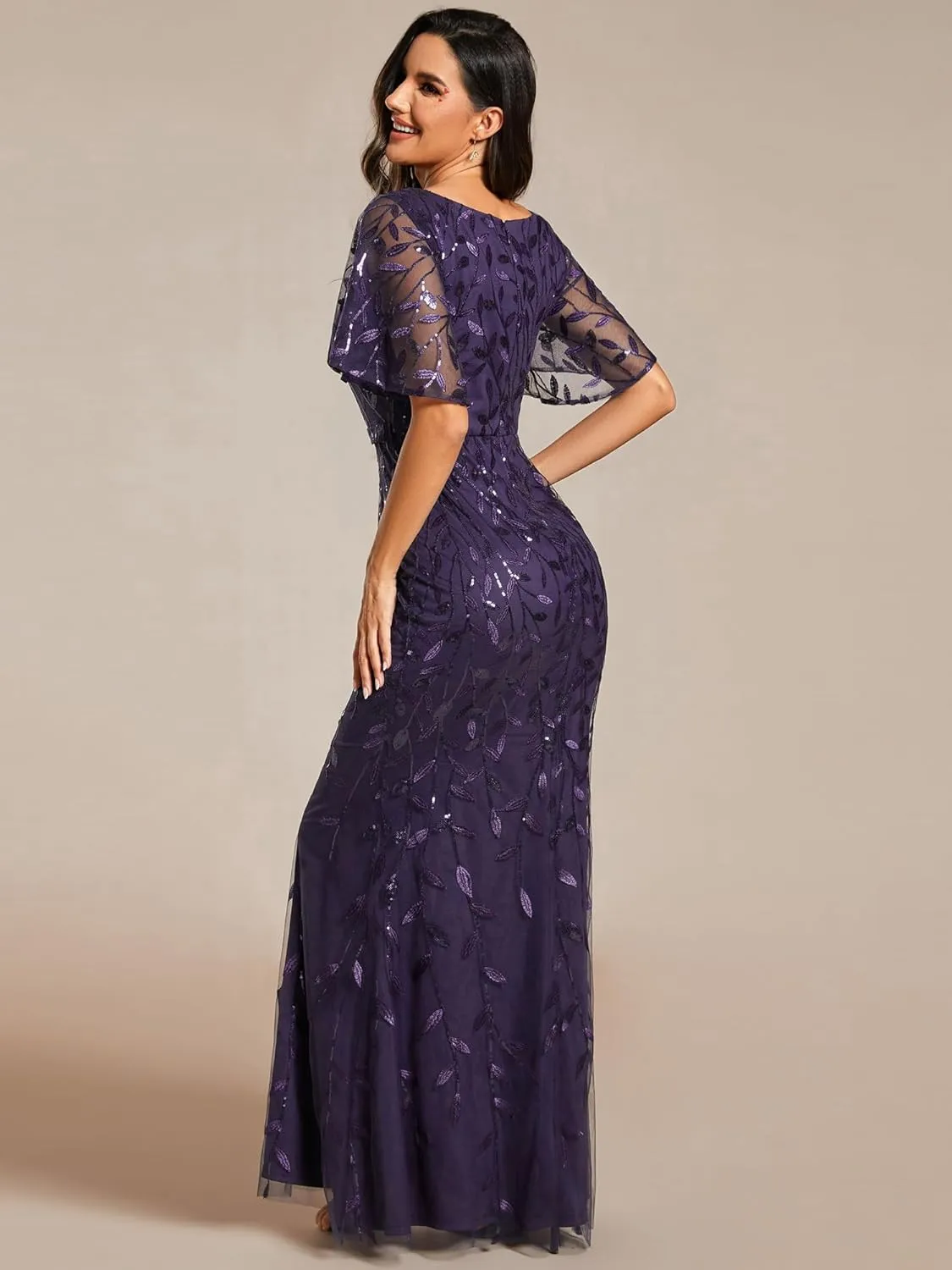 Ever-Pretty Women's Ruffles Sleeves Sequin Embroidery Evening Mother of The Bride Dress 00692