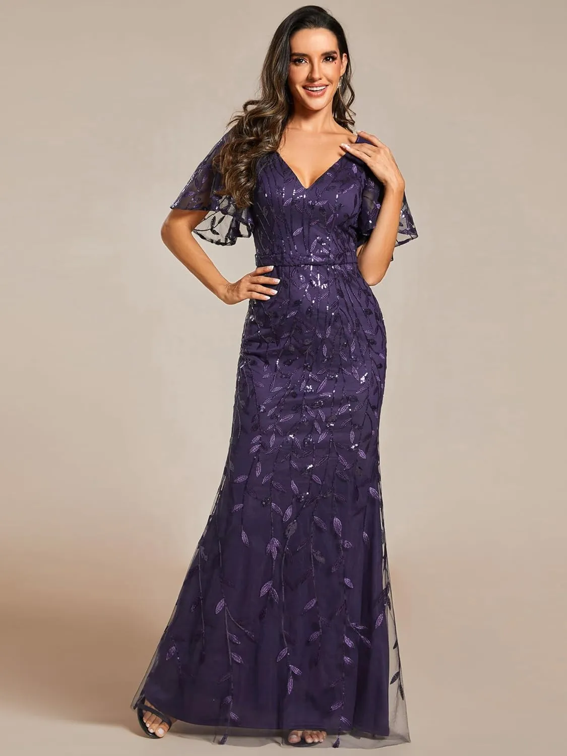 Ever-Pretty Women's Ruffles Sleeves Sequin Embroidery Evening Mother of The Bride Dress 00692