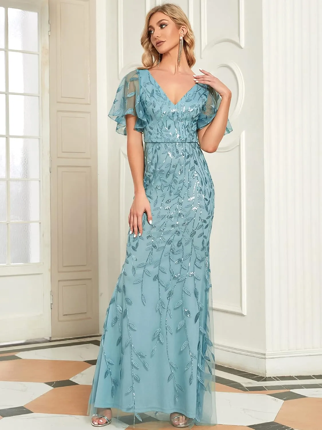 Ever-Pretty Women's Ruffles Sleeves Sequin Embroidery Evening Mother of The Bride Dress 00692