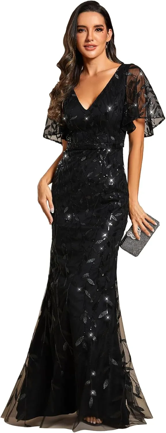 Ever-Pretty Women's Ruffles Sleeves Sequin Embroidery Evening Mother of The Bride Dress 00692