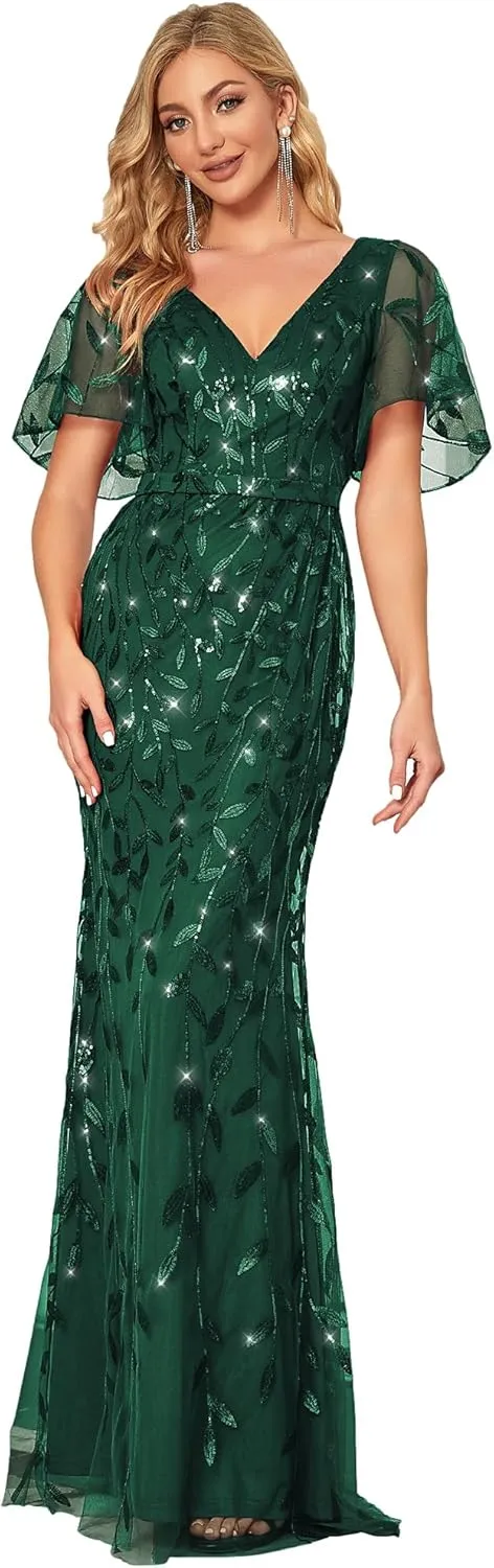 Ever-Pretty Women's Ruffles Sleeves Sequin Embroidery Evening Mother of The Bride Dress 00692