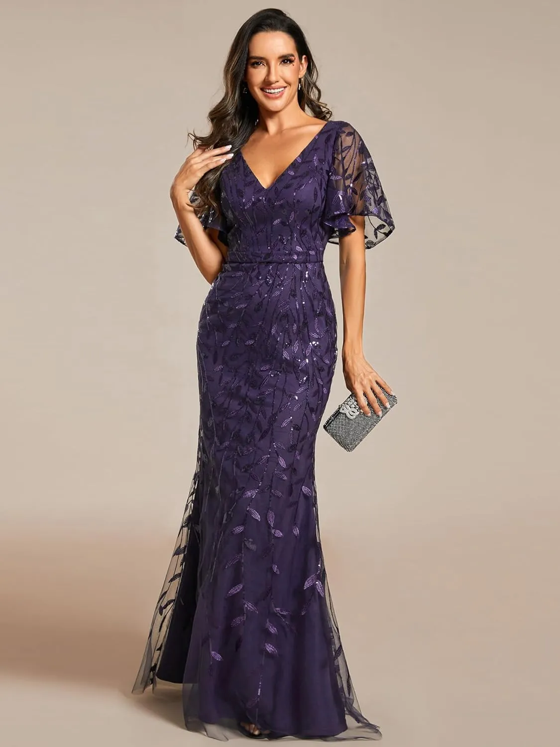 Ever-Pretty Women's Ruffles Sleeves Sequin Embroidery Evening Mother of The Bride Dress 00692