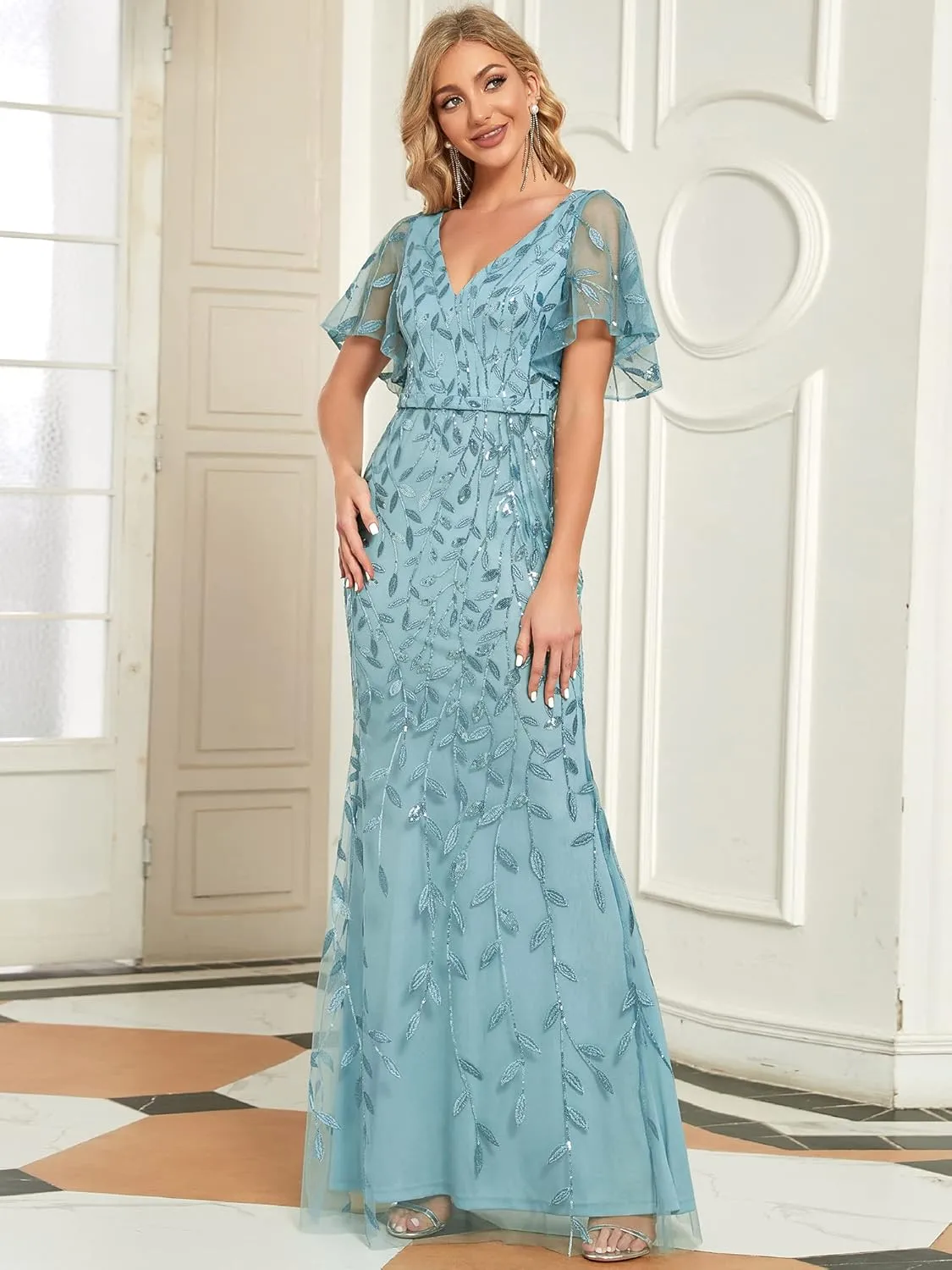 Ever-Pretty Women's Ruffles Sleeves Sequin Embroidery Evening Mother of The Bride Dress 00692