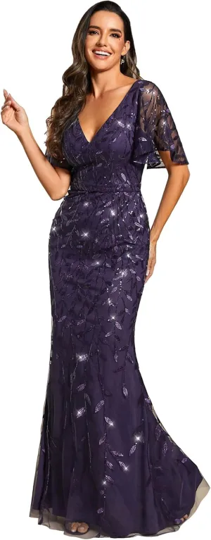 Ever-Pretty Women's Ruffles Sleeves Sequin Embroidery Evening Mother of The Bride Dress 00692