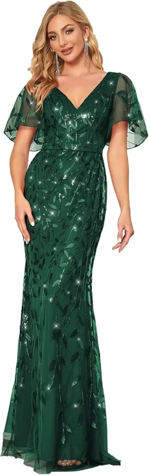 Ever-Pretty Women's Ruffles Sleeves Sequin Embroidery Evening Mother of The Bride Dress 00692