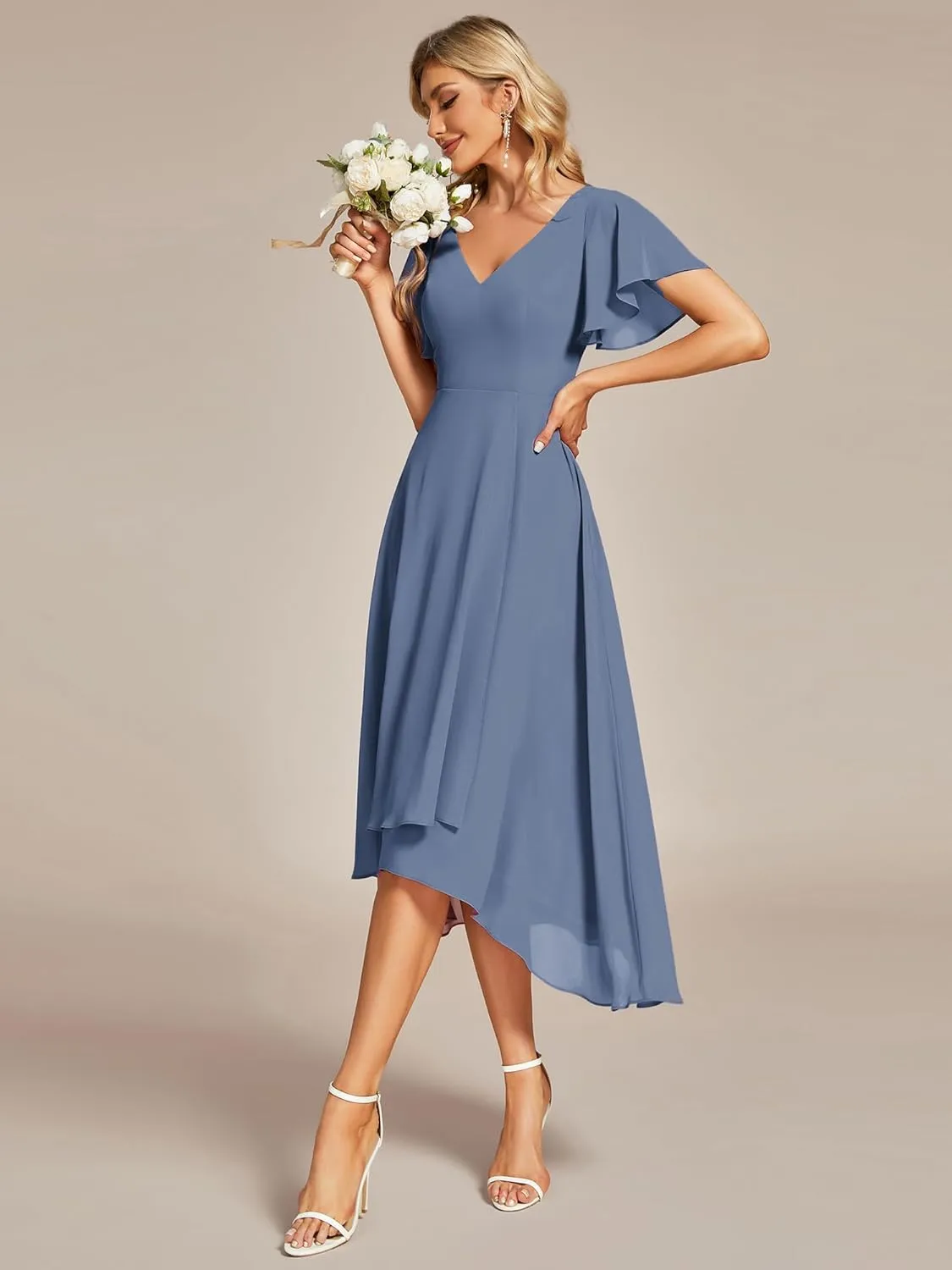 Ever-Pretty Women's V Neck Ruffle Sleeves Irregular Chiffon A-Line Midi Wedding Guest Dresses 01756