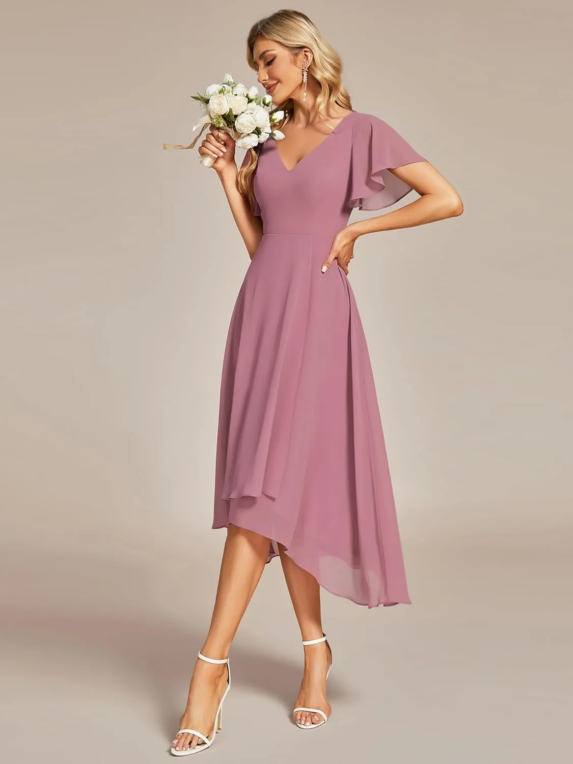 Ever-Pretty Women's V Neck Ruffle Sleeves Irregular Chiffon A-Line Midi Wedding Guest Dresses 01756