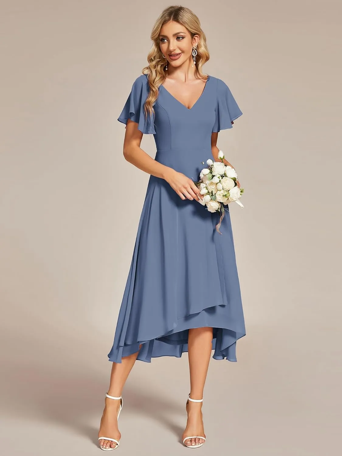 Ever-Pretty Women's V Neck Ruffle Sleeves Irregular Chiffon A-Line Midi Wedding Guest Dresses 01756