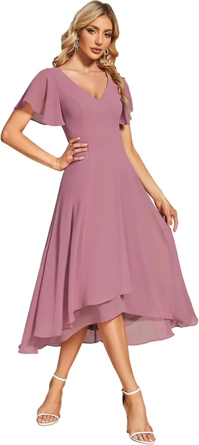 Ever-Pretty Women's V Neck Ruffle Sleeves Irregular Chiffon A-Line Midi Wedding Guest Dresses 01756