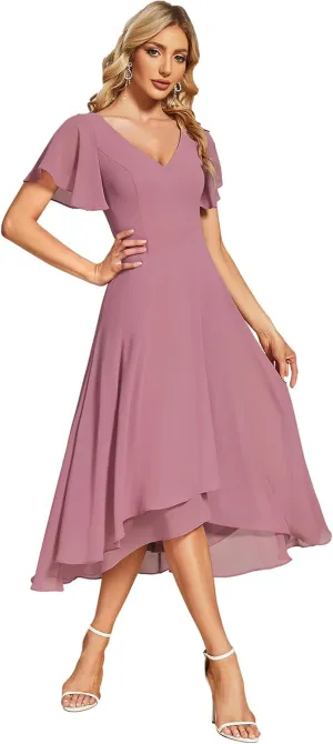 Ever-Pretty Women's V Neck Ruffle Sleeves Irregular Chiffon A-Line Midi Wedding Guest Dresses 01756