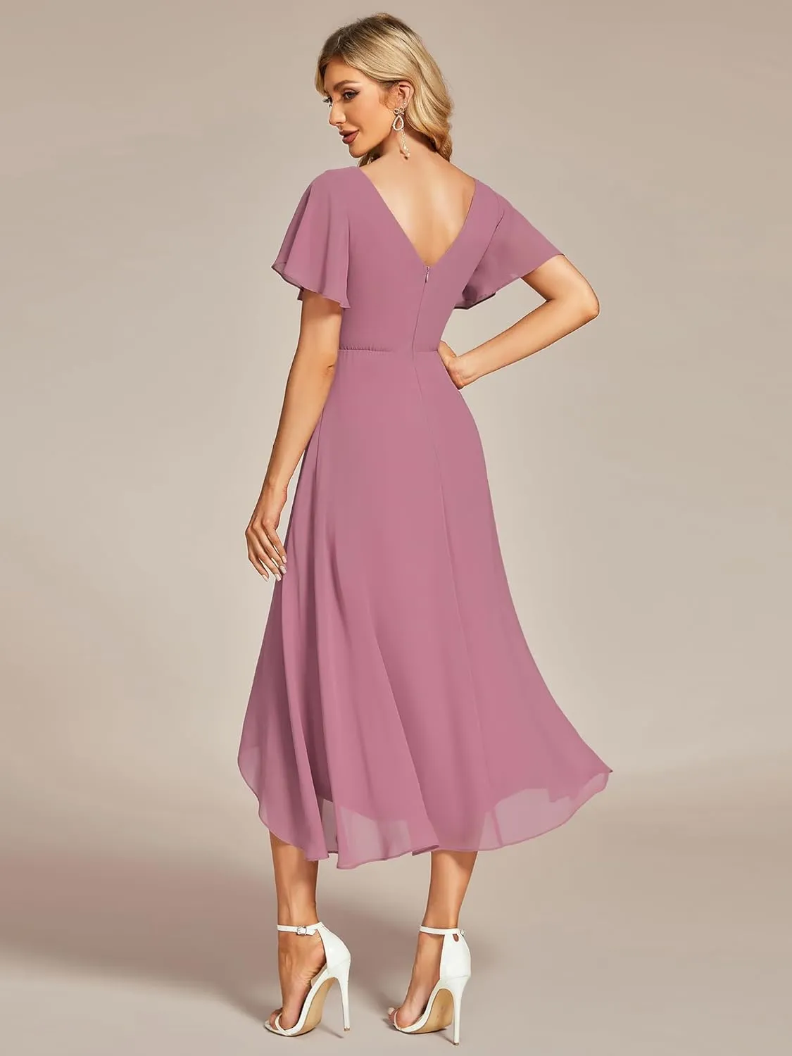 Ever-Pretty Women's V Neck Ruffle Sleeves Irregular Chiffon A-Line Midi Wedding Guest Dresses 01756