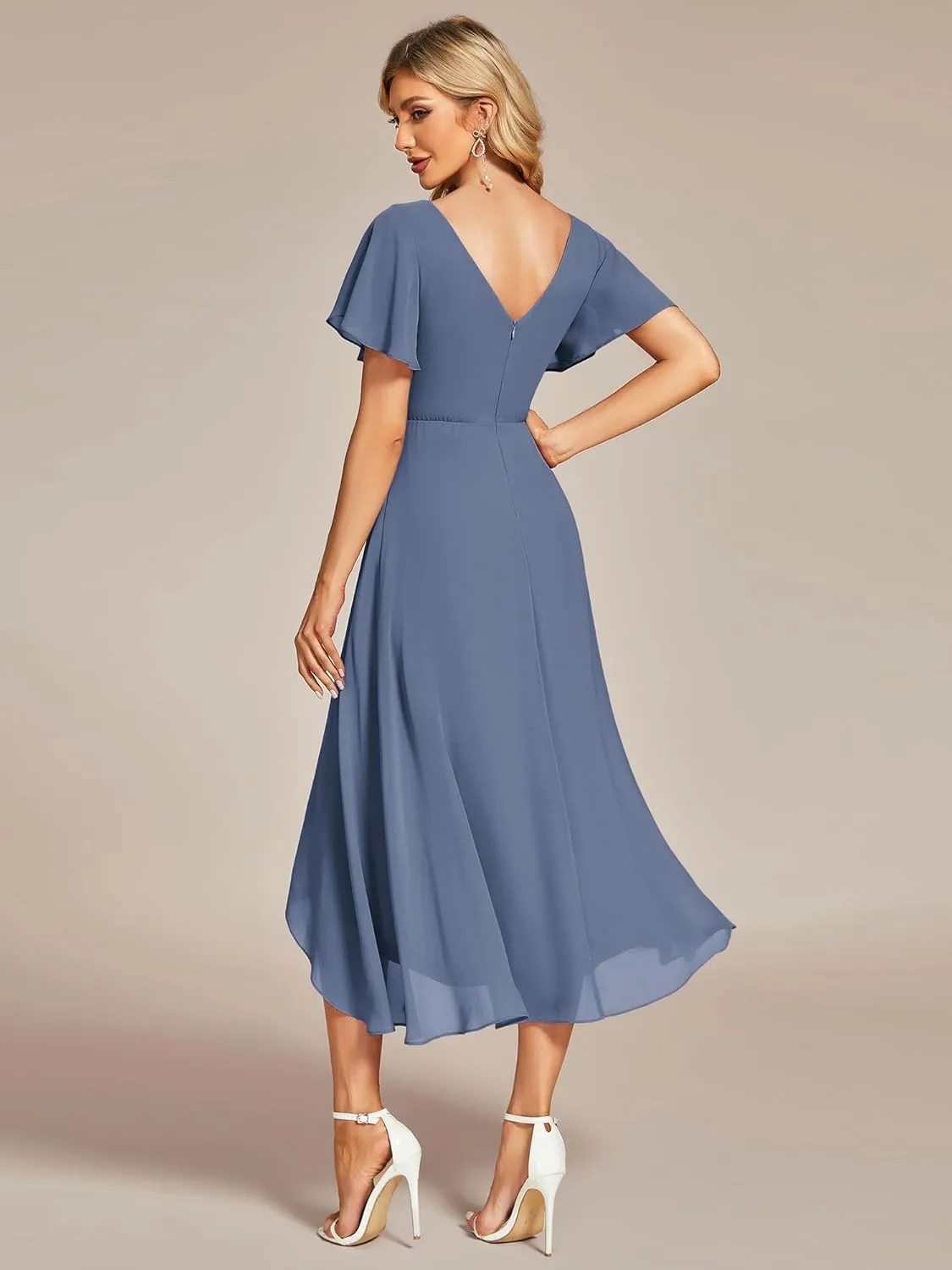 Ever-Pretty Women's V Neck Ruffle Sleeves Irregular Chiffon A-Line Midi Wedding Guest Dresses 01756