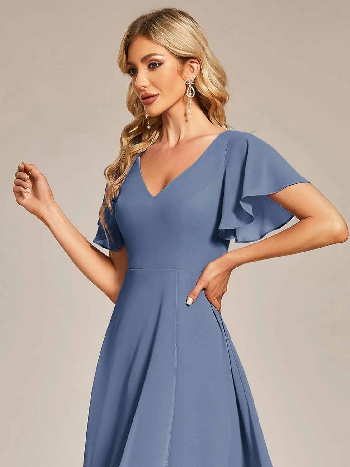 Ever-Pretty Women's V Neck Ruffle Sleeves Irregular Chiffon A-Line Midi Wedding Guest Dresses 01756