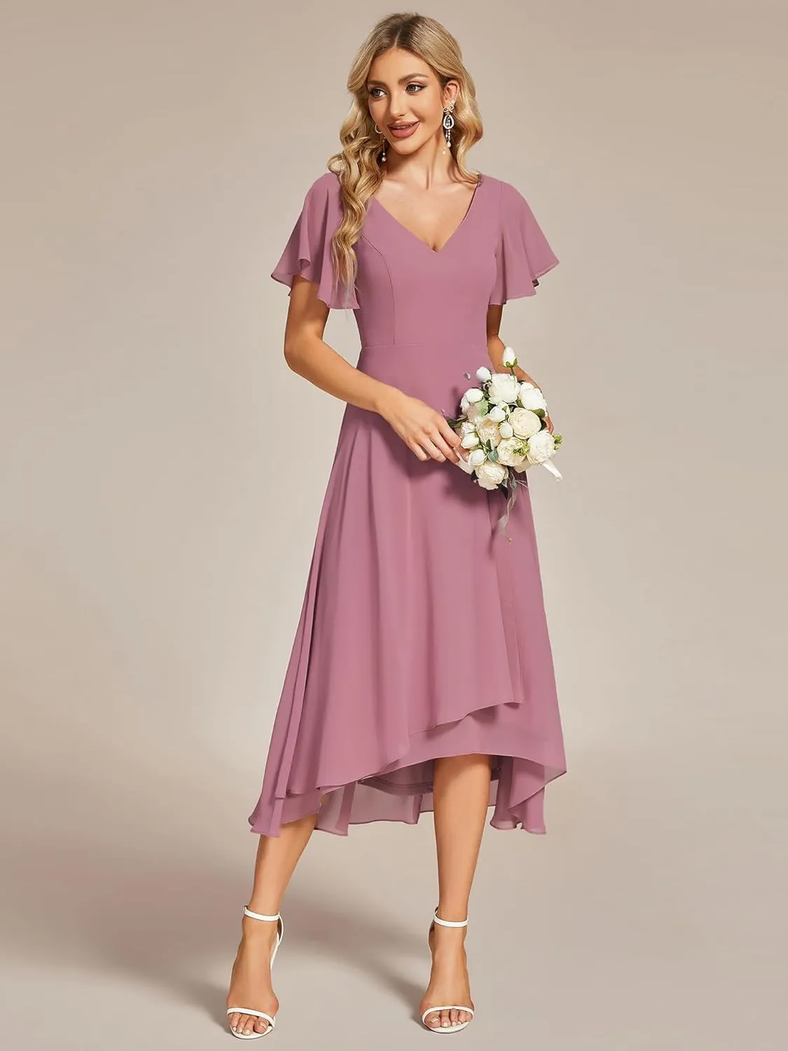 Ever-Pretty Women's V Neck Ruffle Sleeves Irregular Chiffon A-Line Midi Wedding Guest Dresses 01756