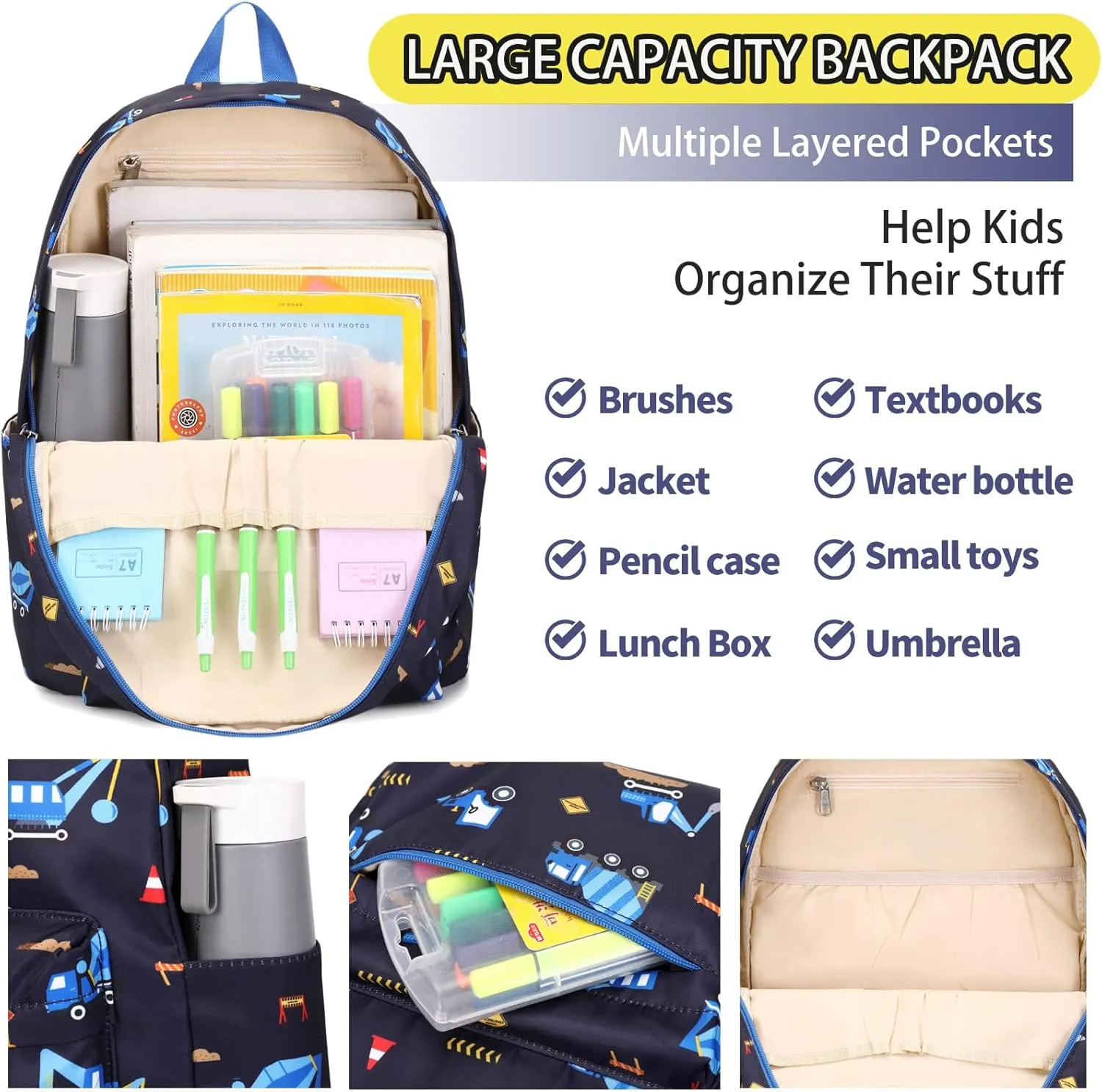 Excavator Backpak for Boys Preschool Backpack Toddler Boy Tractor Bookbag Small Chest Strap, Children Preschool Kindergarten Backpack, Navy Excavator