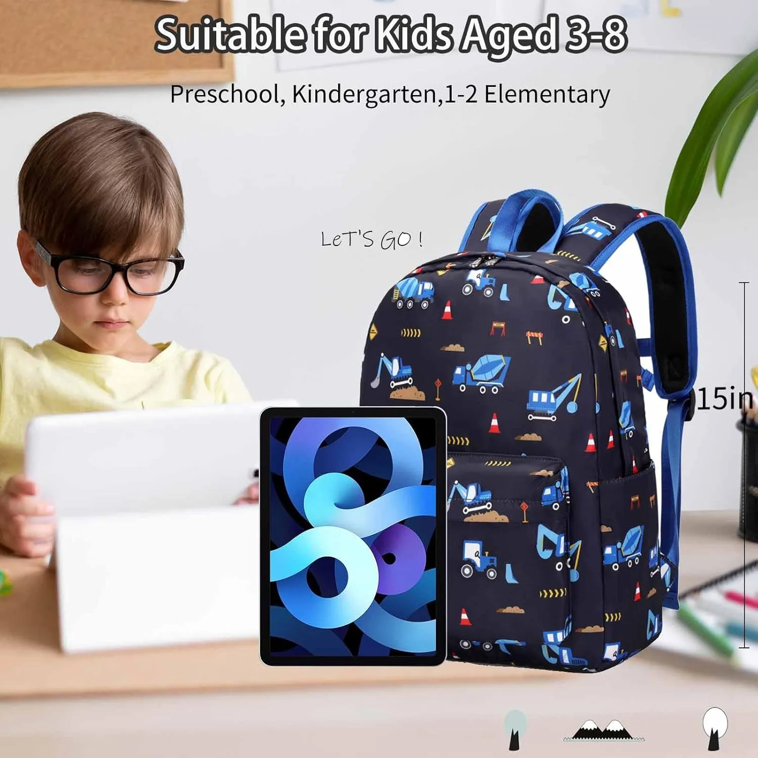 Excavator Backpak for Boys Preschool Backpack Toddler Boy Tractor Bookbag Small Chest Strap, Children Preschool Kindergarten Backpack, Navy Excavator