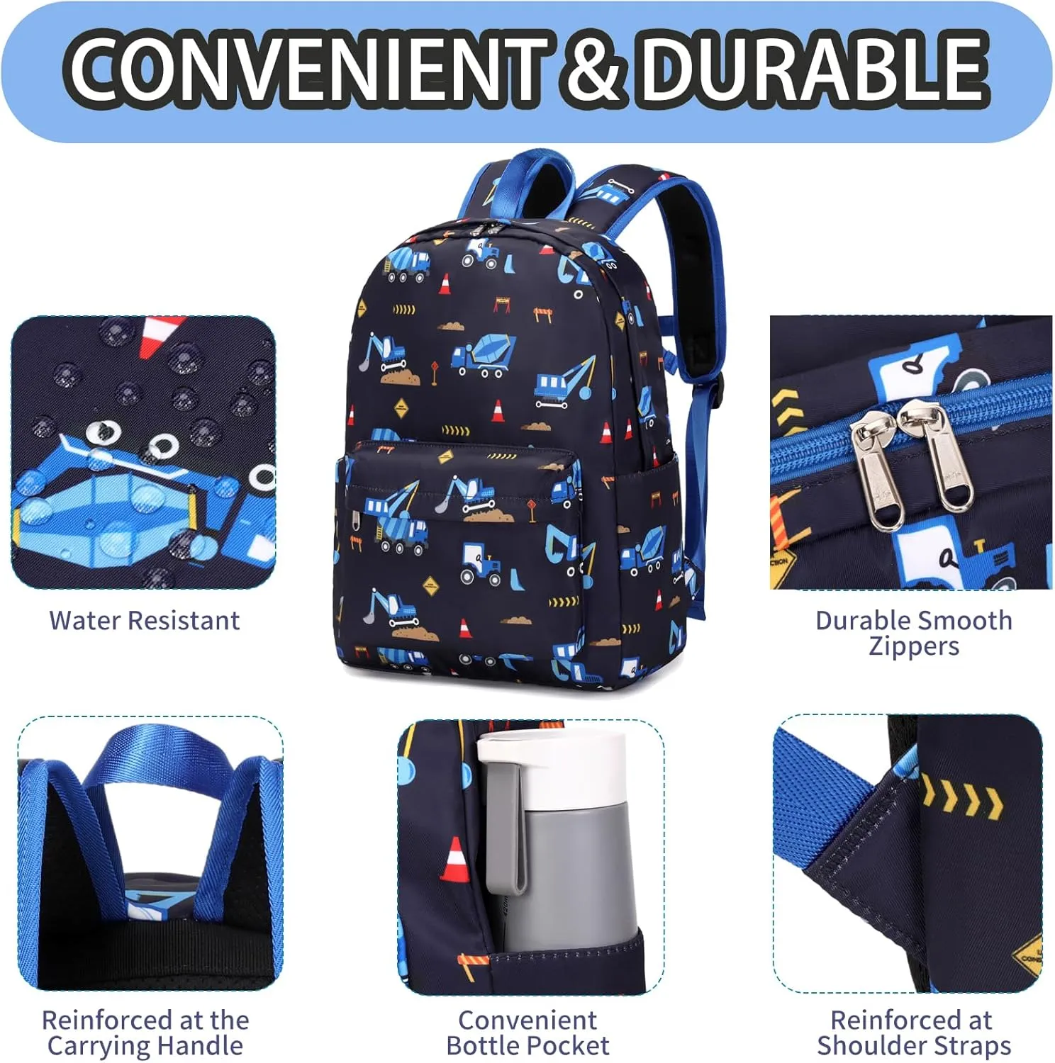Excavator Backpak for Boys Preschool Backpack with Lunch Box Set Toddler Boy Bookbag Small Chest Strap, Children Preschool Kindergarten Backpack - Blue Excavator