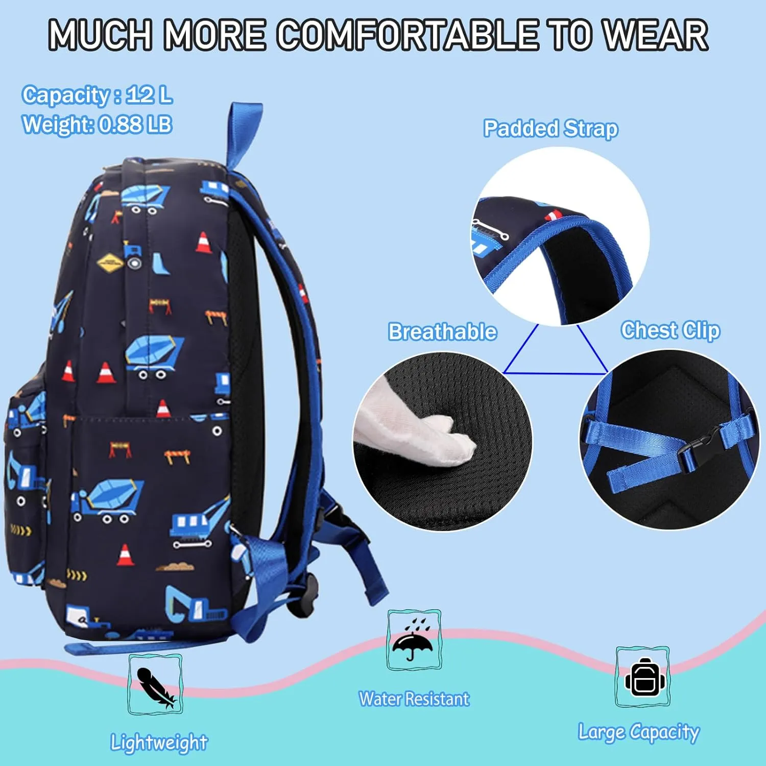 Excavator Backpak for Boys Preschool Backpack with Lunch Box Set Toddler Boy Bookbag Small Chest Strap, Children Preschool Kindergarten Backpack - Blue Excavator