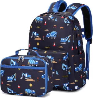 Excavator Backpak for Boys Preschool Backpack with Lunch Box Set Toddler Boy Bookbag Small Chest Strap, Children Preschool Kindergarten Backpack - Blue Excavator