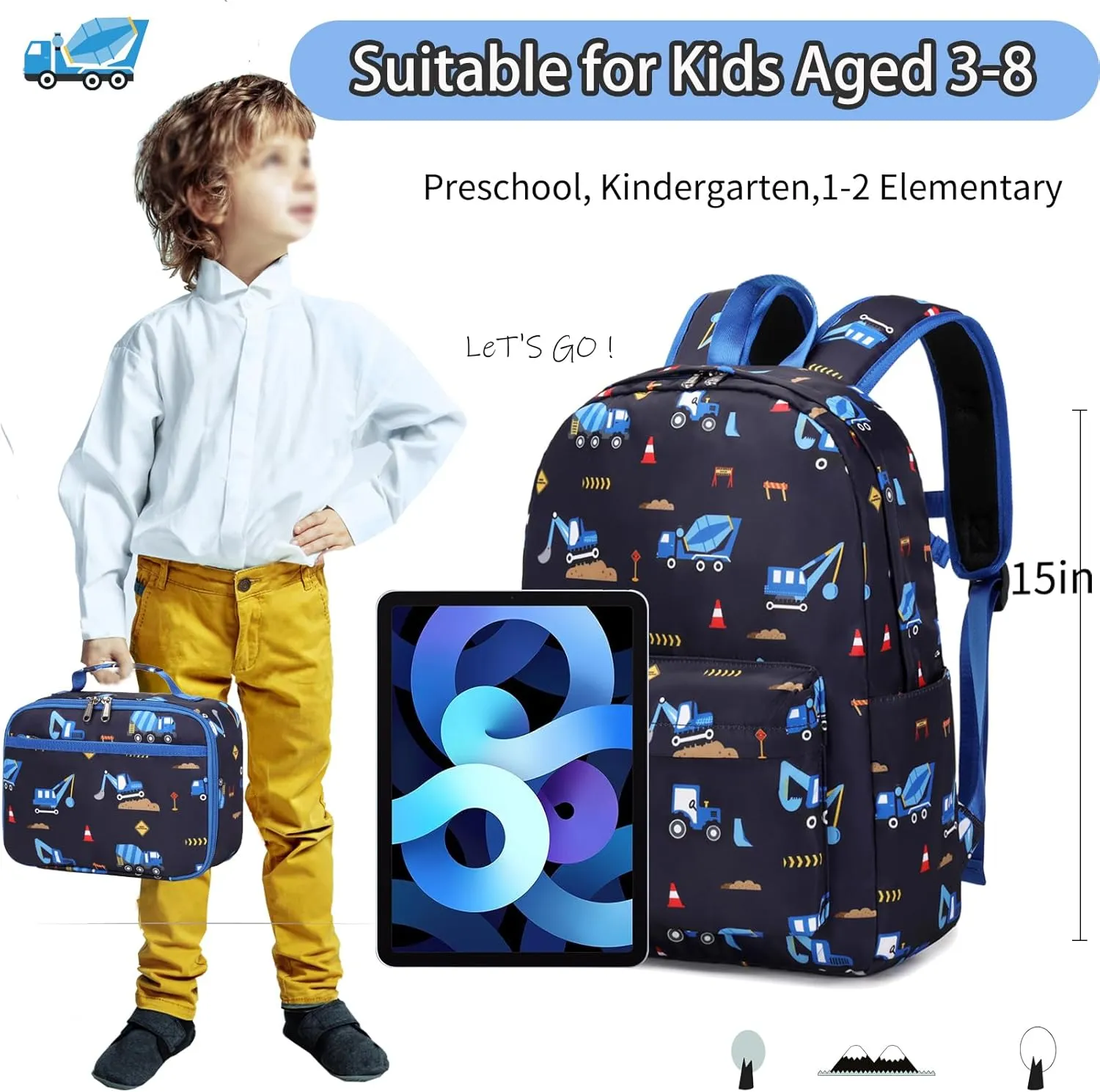 Excavator Backpak for Boys Preschool Backpack with Lunch Box Set Toddler Boy Bookbag Small Chest Strap, Children Preschool Kindergarten Backpack - Blue Excavator