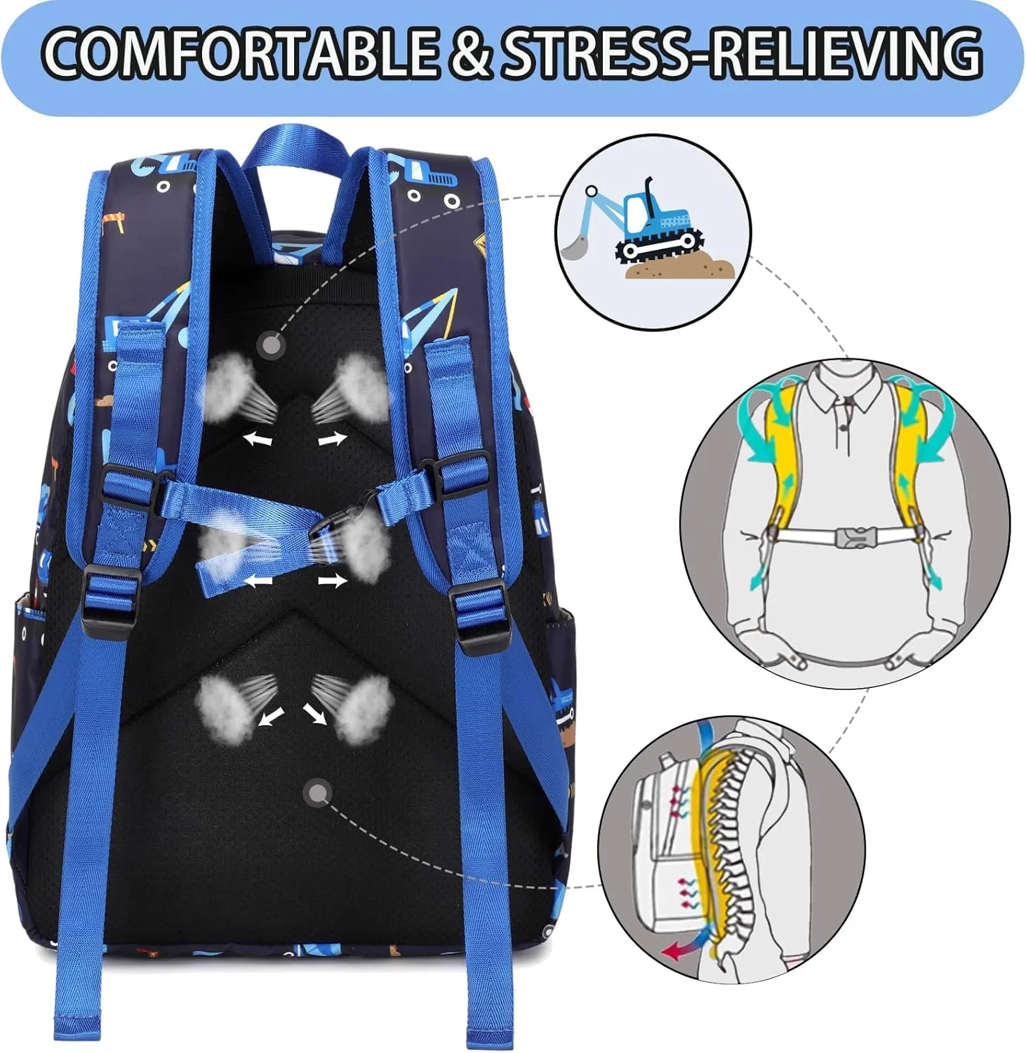 Excavator Backpak for Boys Preschool Backpack with Lunch Box Set Toddler Boy Bookbag Small Chest Strap, Children Preschool Kindergarten Backpack - Blue Excavator