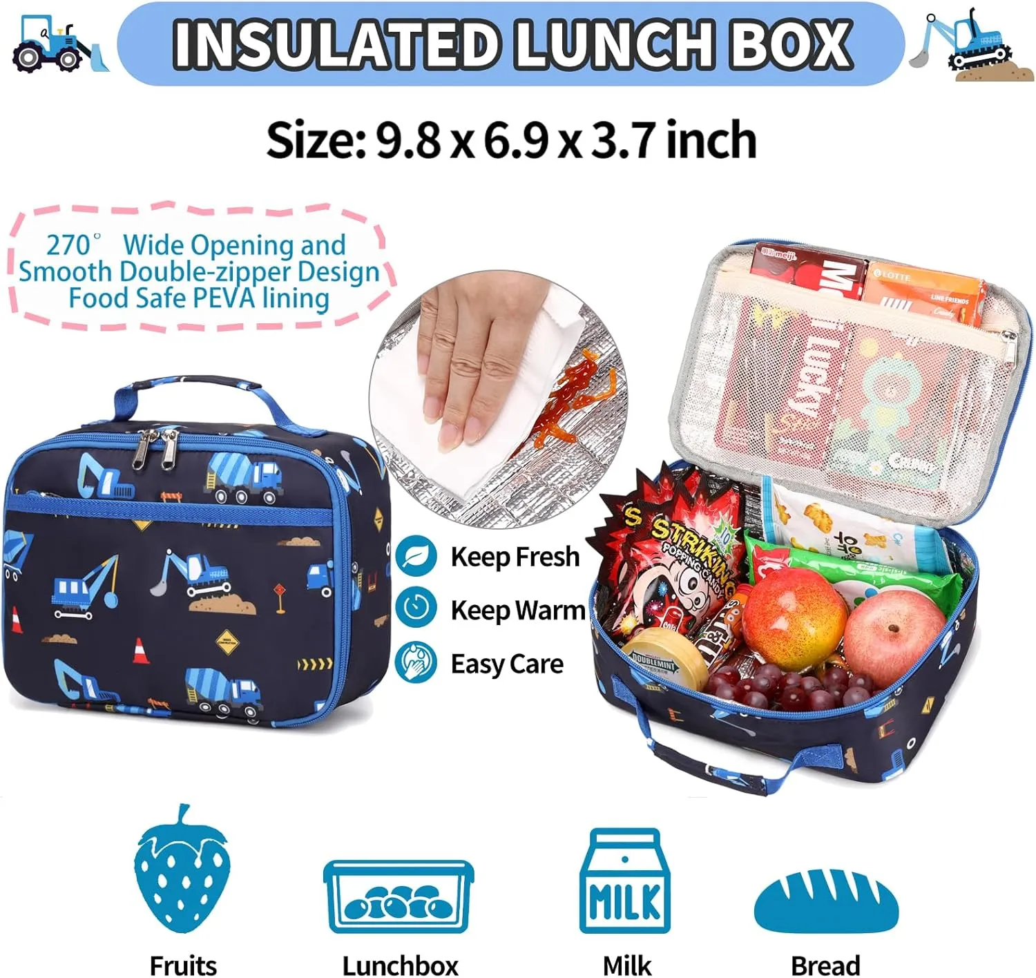 Excavator Backpak for Boys Preschool Backpack with Lunch Box Set Toddler Boy Bookbag Small Chest Strap, Children Preschool Kindergarten Backpack - Blue Excavator