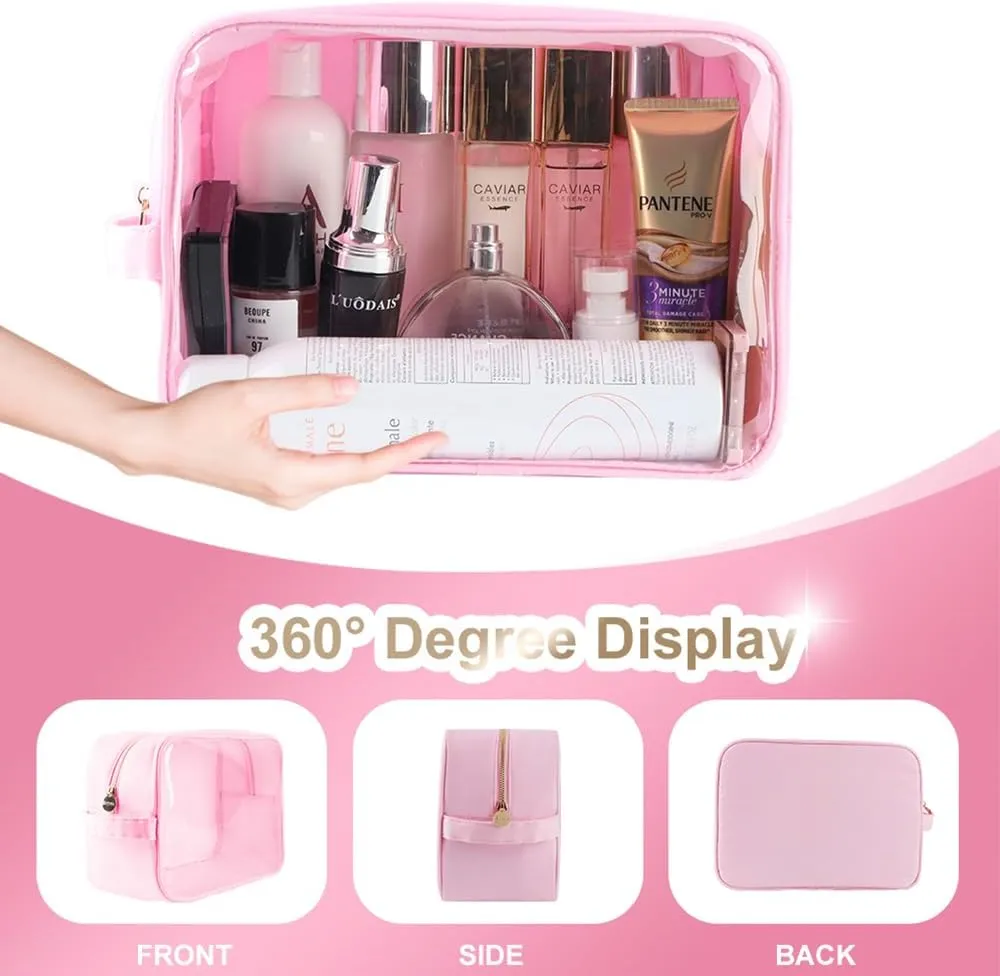 Extra Large Preppy Transparent Makeup Pouch Women Travel Clear TPU and Nylon Cosmetic Pouch (Extral-Large,Pink)
