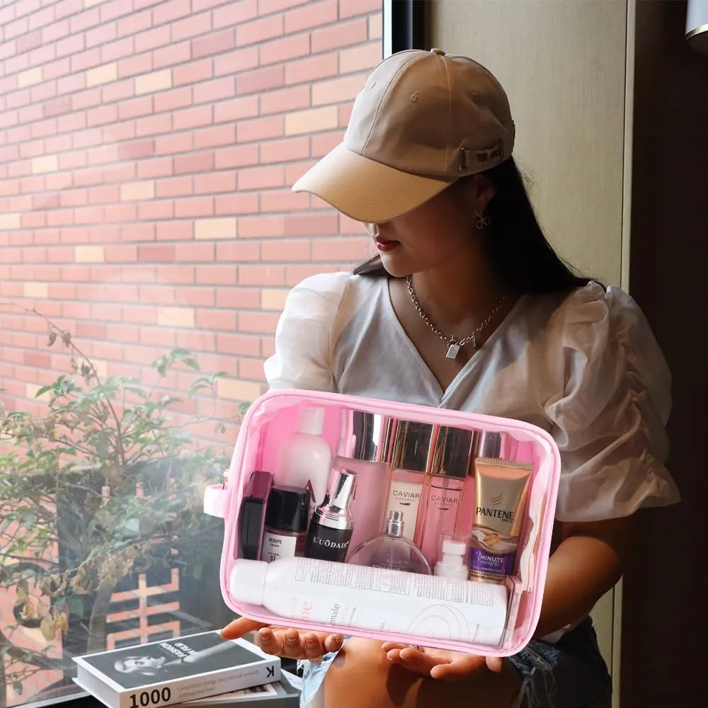 Extra Large Preppy Transparent Makeup Pouch Women Travel Clear TPU and Nylon Cosmetic Pouch (Extral-Large,Pink)