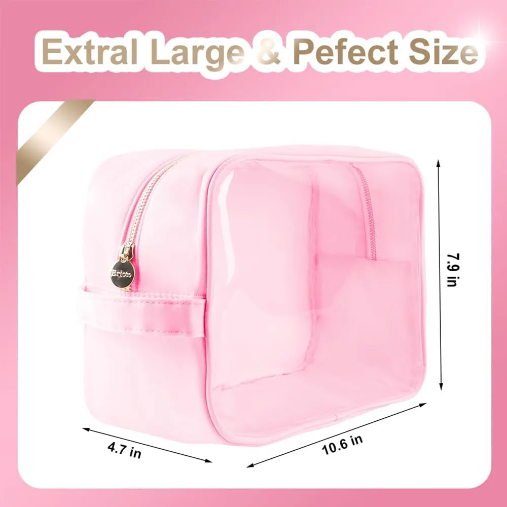 Extra Large Preppy Transparent Makeup Pouch Women Travel Clear TPU and Nylon Cosmetic Pouch (Extral-Large,Pink)