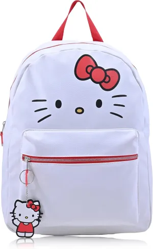 Fast Forward Sanrio Hello Kitty Backpack for Women, Large Faux Leather Bookbag Double Strap Shoulder Bag with 3D Design and Keychain (White-Red)