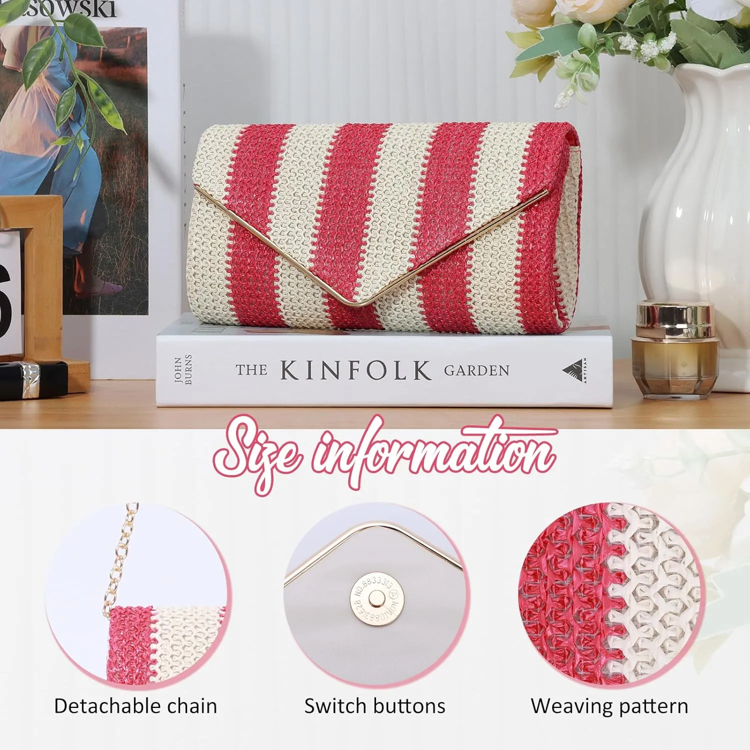 Fecialy Straw Striped Clutch Purses for Women Woven Envelope Handbag Straw Summer Beach Shoulder Bags Wallet