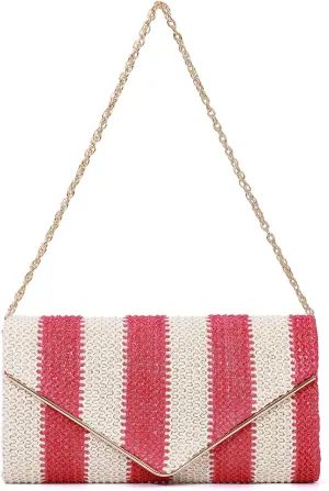 Fecialy Straw Striped Clutch Purses for Women Woven Envelope Handbag Straw Summer Beach Shoulder Bags Wallet