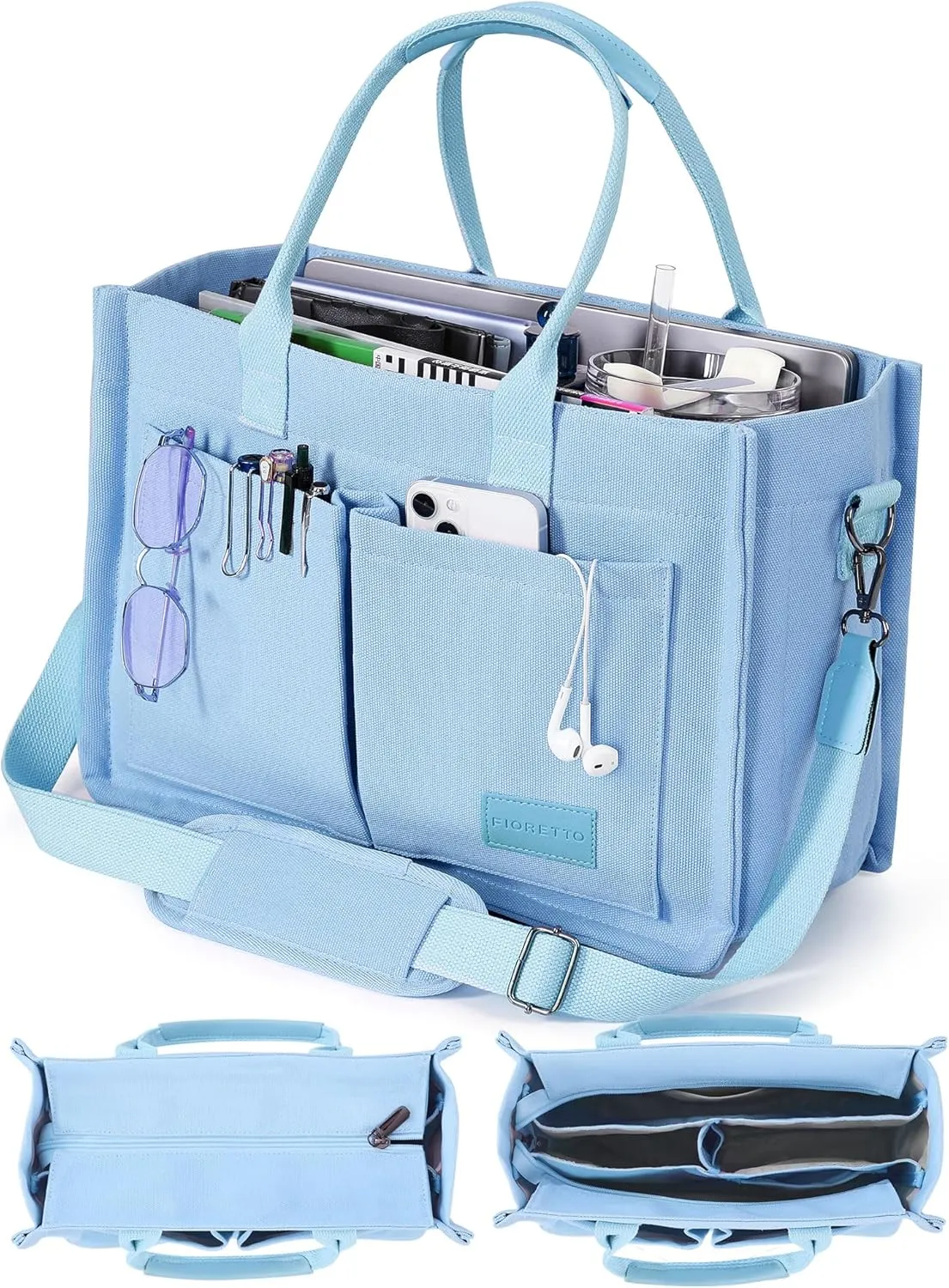 FIORETTO Canvas Tote Bag for Women with Zipper Closure & Individual Compartments for Work College for Teacher & Nurse