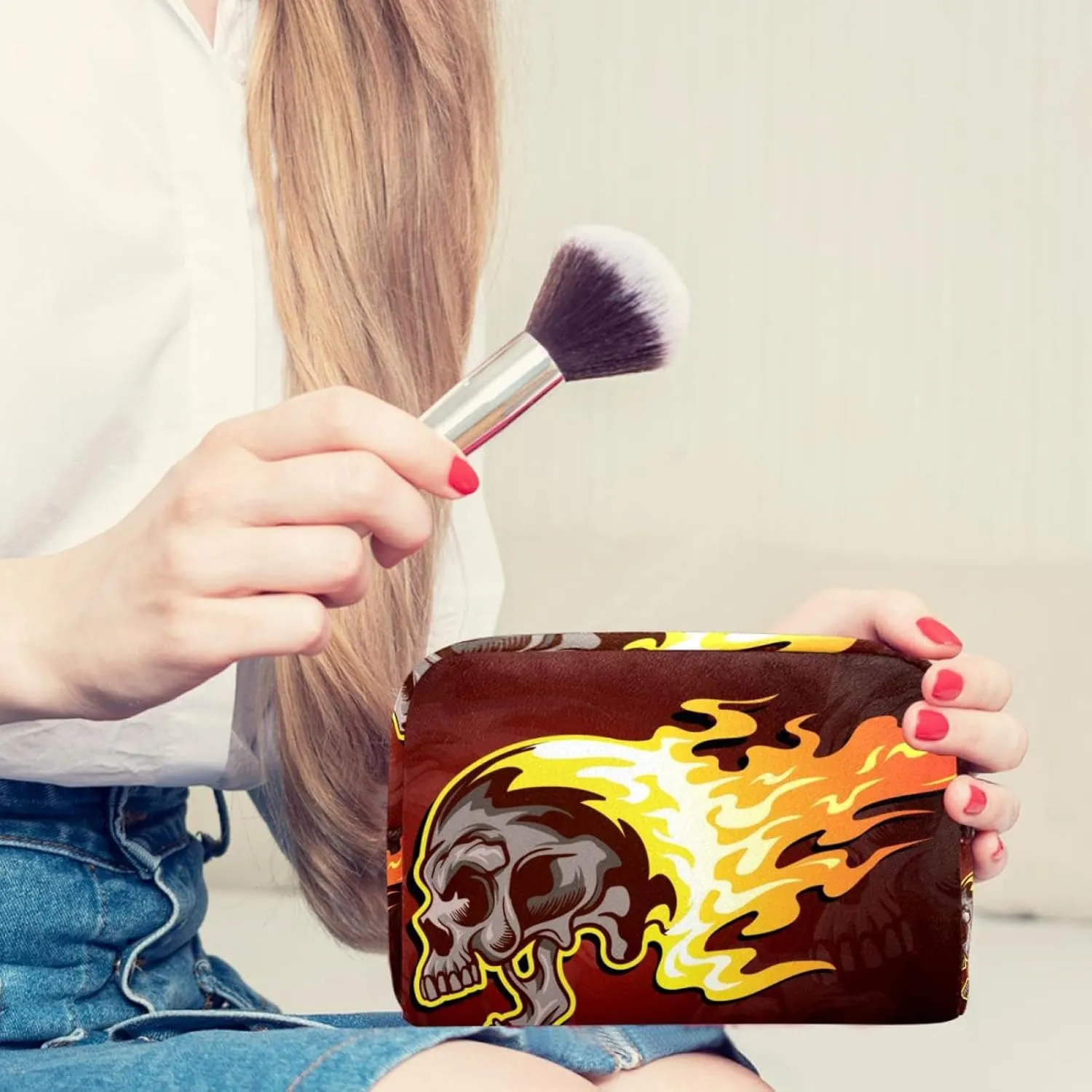 Flaming Skull Small Makeup Bags for Women Teen Girls, Makeup Storage Bag with Zipper Accessories Organizer Bag for Travelling