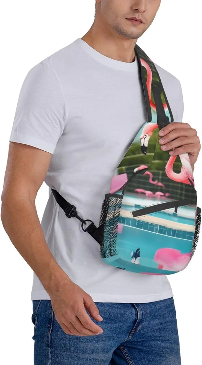Flamingo And Swimming Pools Unisex Casual Diagonal Chest Bag,Multipurpose Crossbody Shoulder Bag Travel Hiking Daypack