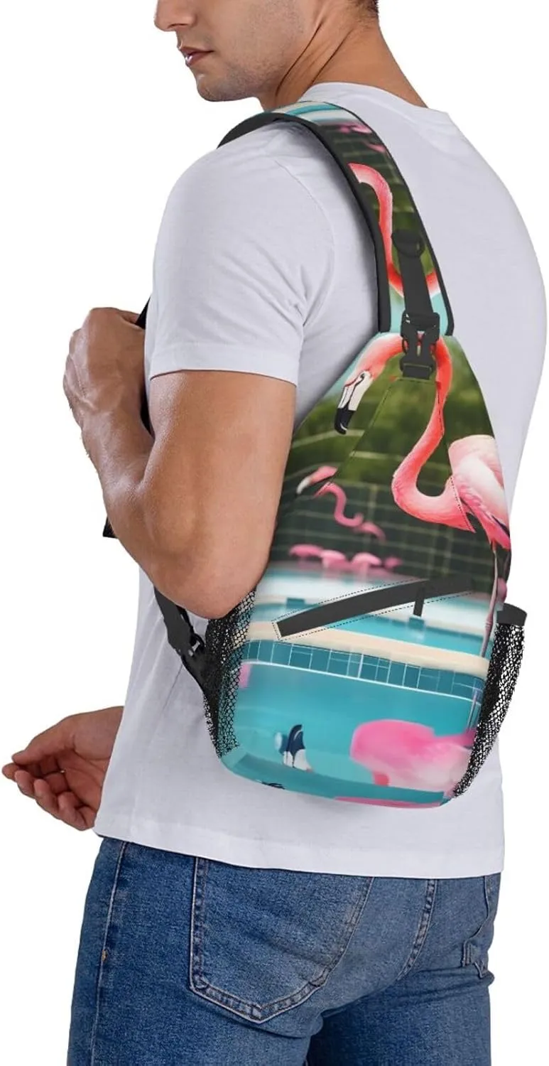 Flamingo And Swimming Pools Unisex Casual Diagonal Chest Bag,Multipurpose Crossbody Shoulder Bag Travel Hiking Daypack