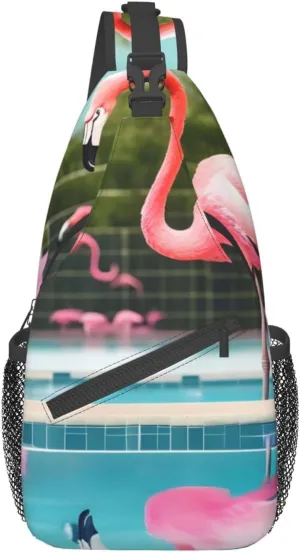 Flamingo And Swimming Pools Unisex Casual Diagonal Chest Bag,Multipurpose Crossbody Shoulder Bag Travel Hiking Daypack
