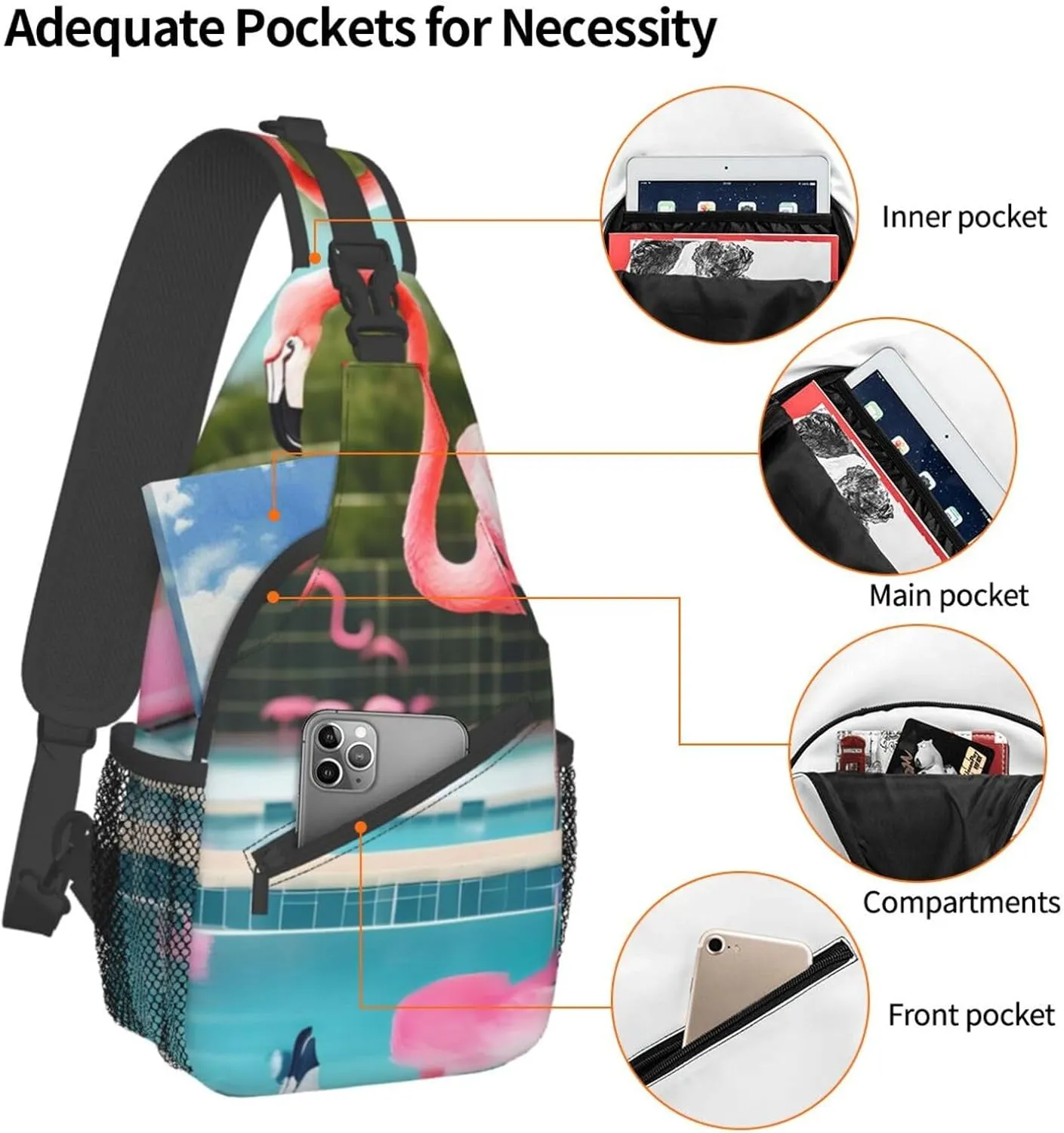 Flamingo And Swimming Pools Unisex Casual Diagonal Chest Bag,Multipurpose Crossbody Shoulder Bag Travel Hiking Daypack