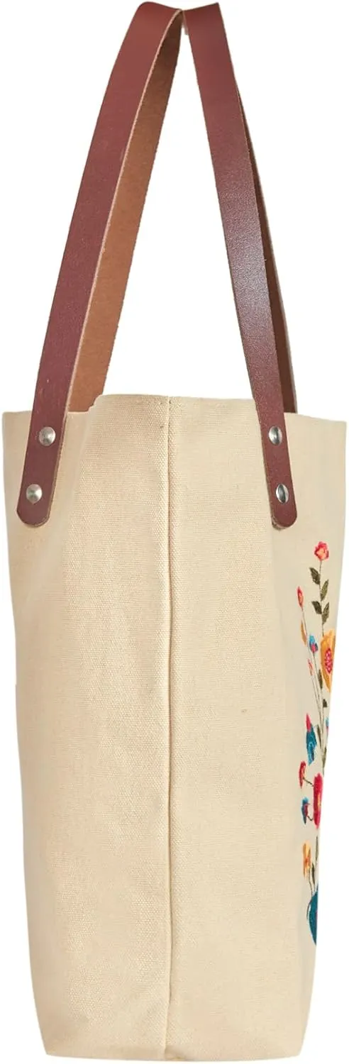 Floral Embroidered Canvas Tote for Women with Cotton Lining & Leather Handle—Perfect for Travel, Beach & Daily Use