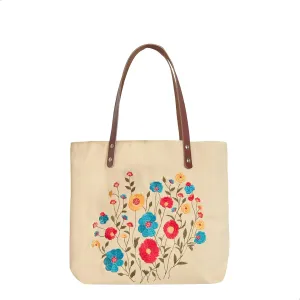 Floral Embroidered Canvas Tote for Women with Cotton Lining & Leather Handle—Perfect for Travel, Beach & Daily Use