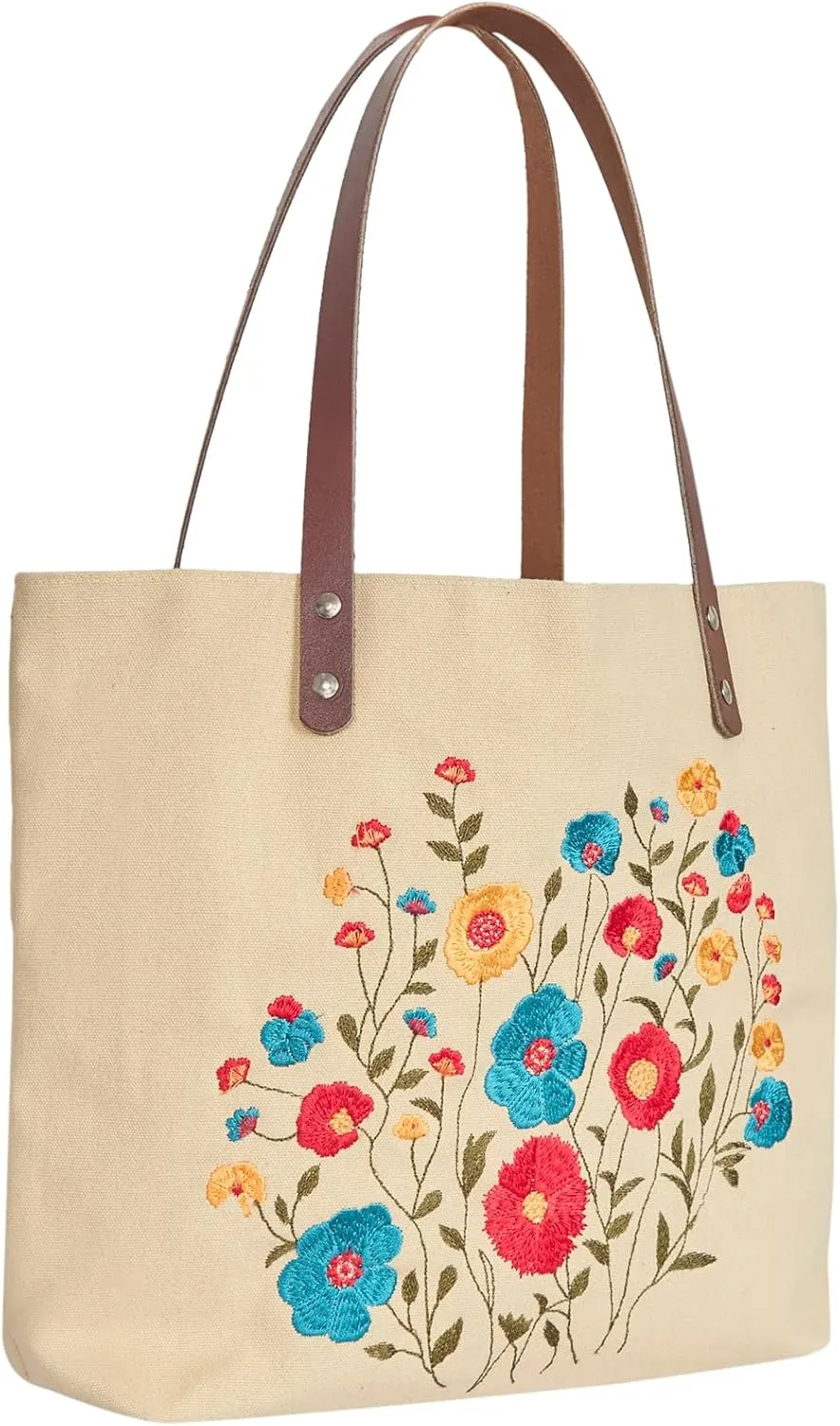 Floral Embroidered Canvas Tote for Women with Cotton Lining & Leather Handle—Perfect for Travel, Beach & Daily Use