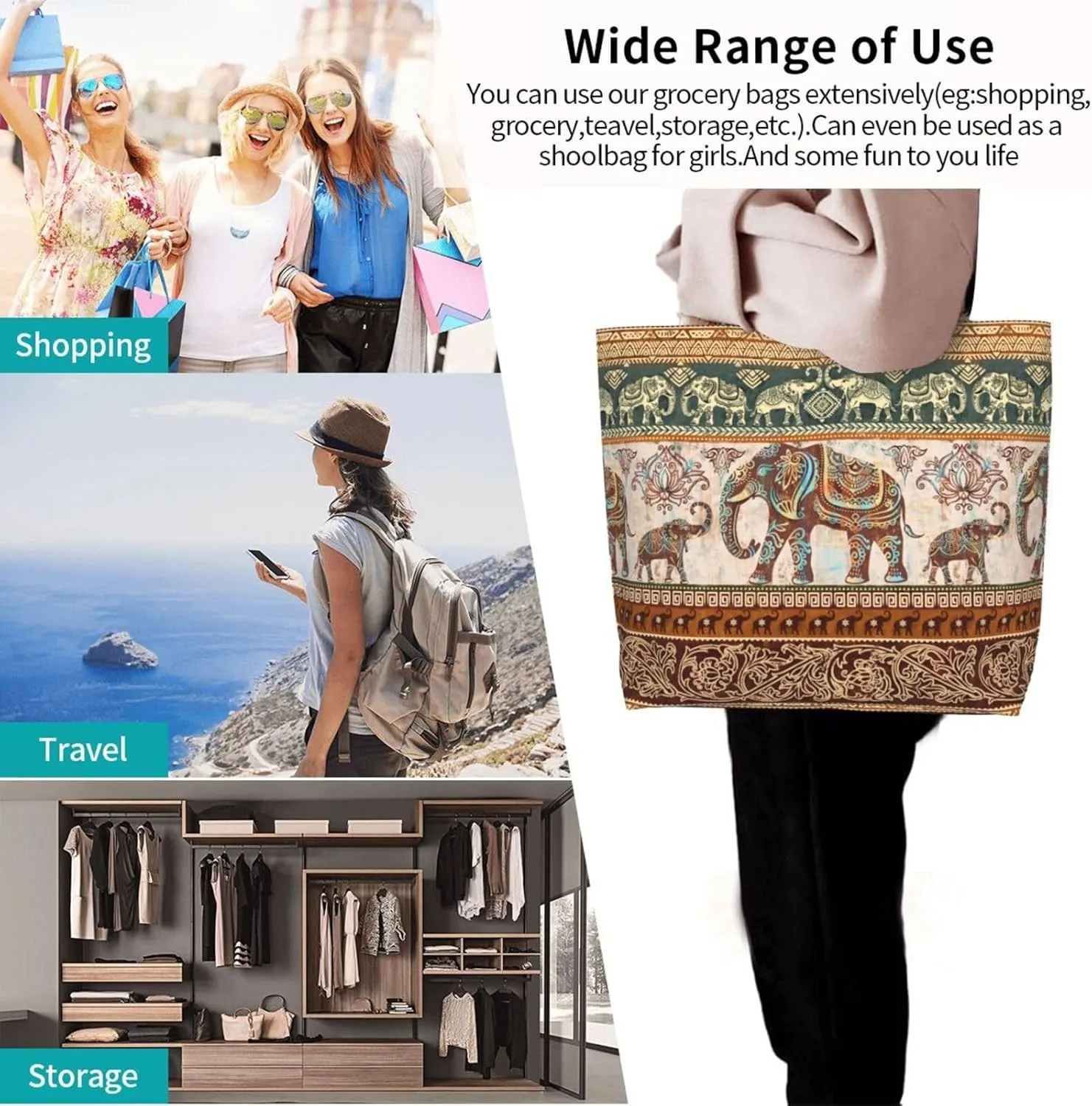 Flower Sugar Skull Tote Bags Reusable Women Shoulder Travel Beach Bag Shopping Work Daily