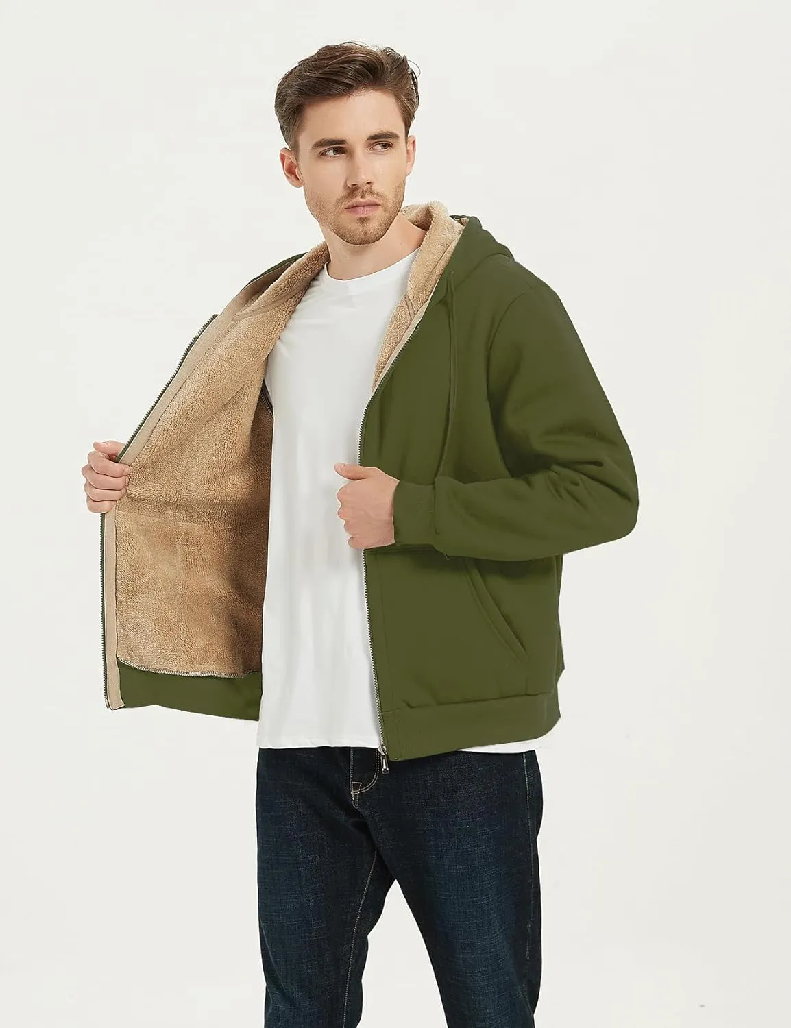 Flygo Men's Sherpa Hoodie Jacket Fleece Lined Zip Up Warm Hoodies Sweatshirt Winter Zipper Sweater Hooded Coat
